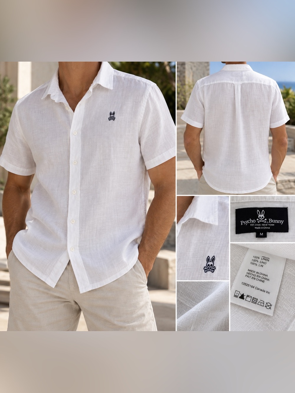 Psycho Bunny Ballina Linen Shirt M Optical White Short Sleeve